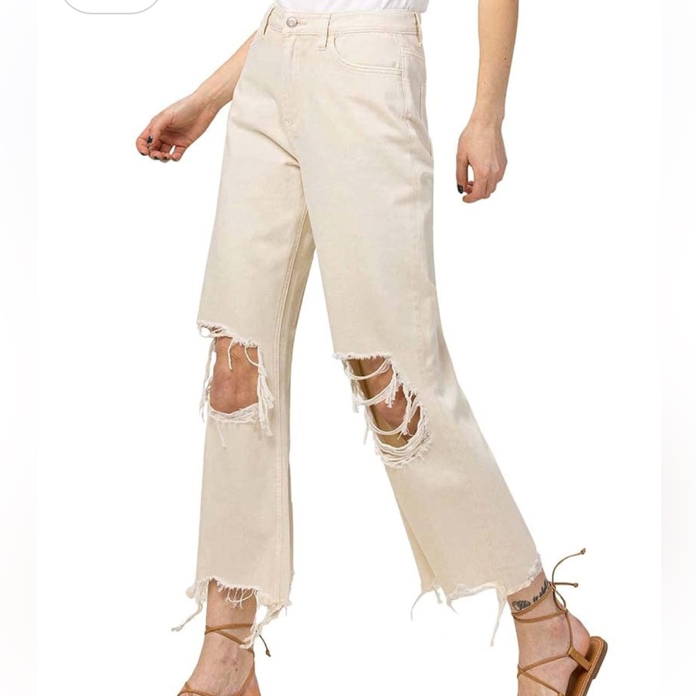 VERVET BY FLYING MONKEY Cream Distressed Wide Leg Jeans
